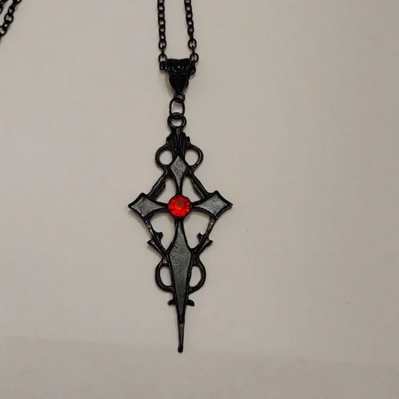 2XHP!! NWT Goth Black Witch's Cross with Red Stone Necklace!! - Picture 3 of 6